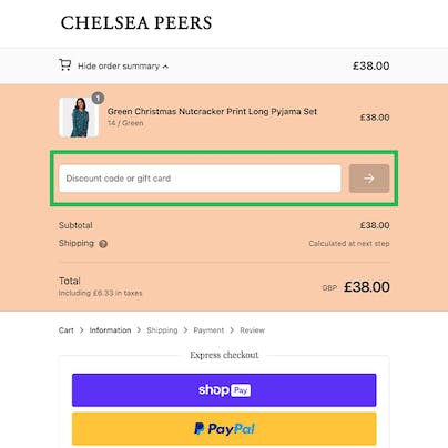 Where to enter your Chelsea Peers Discount Code