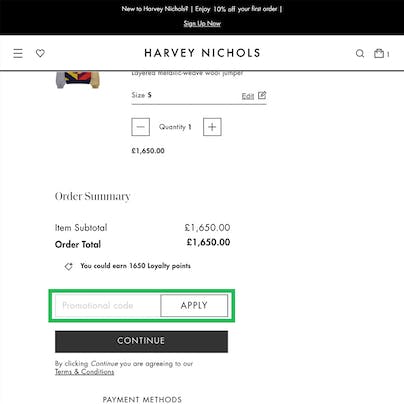 Where to enter your Harvey Nichols Discount Code