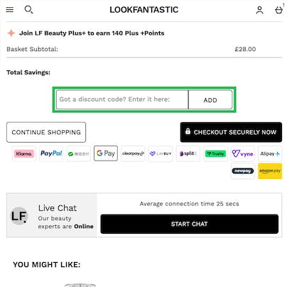 Where to enter your LOOKFANTASTIC Discount Code