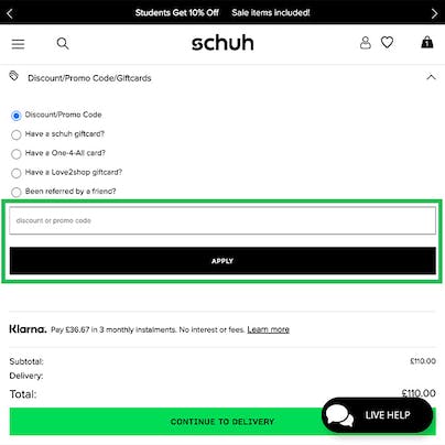 Where to enter your Schuh Discount Code