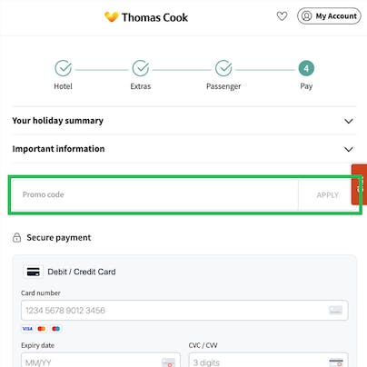 Where to enter your Thomas Cook Discount Code